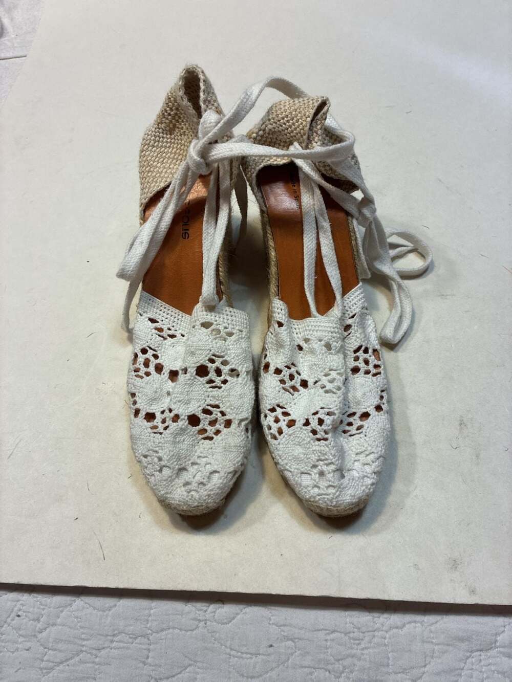Andrés Assous White Crochet Lace-Up Wedge Espadrilles